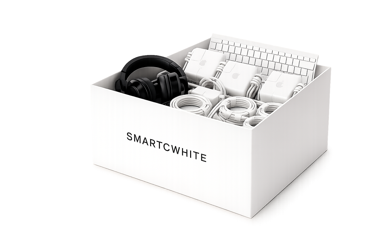 Box of headphones, keyboards, chargers and cables ready for recycling