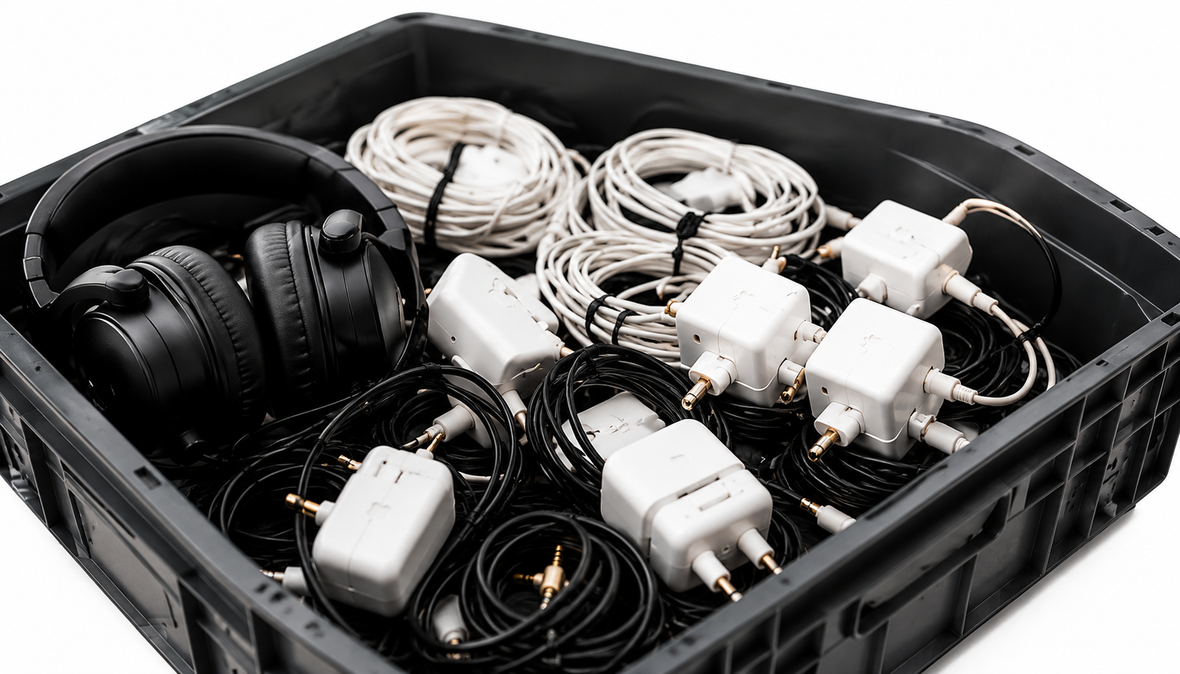 Tray of headphones, chargers and cables